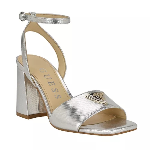 Guess Shoes - GUESS Women's Silver Gelya Block Heel Ankle Strap Open Toe Dress Sandals Size 10